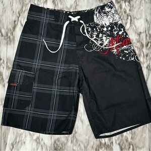 Black Swim Board Shorts with Artistic Design Y2K Miami Ink Skulls Plaid Summer